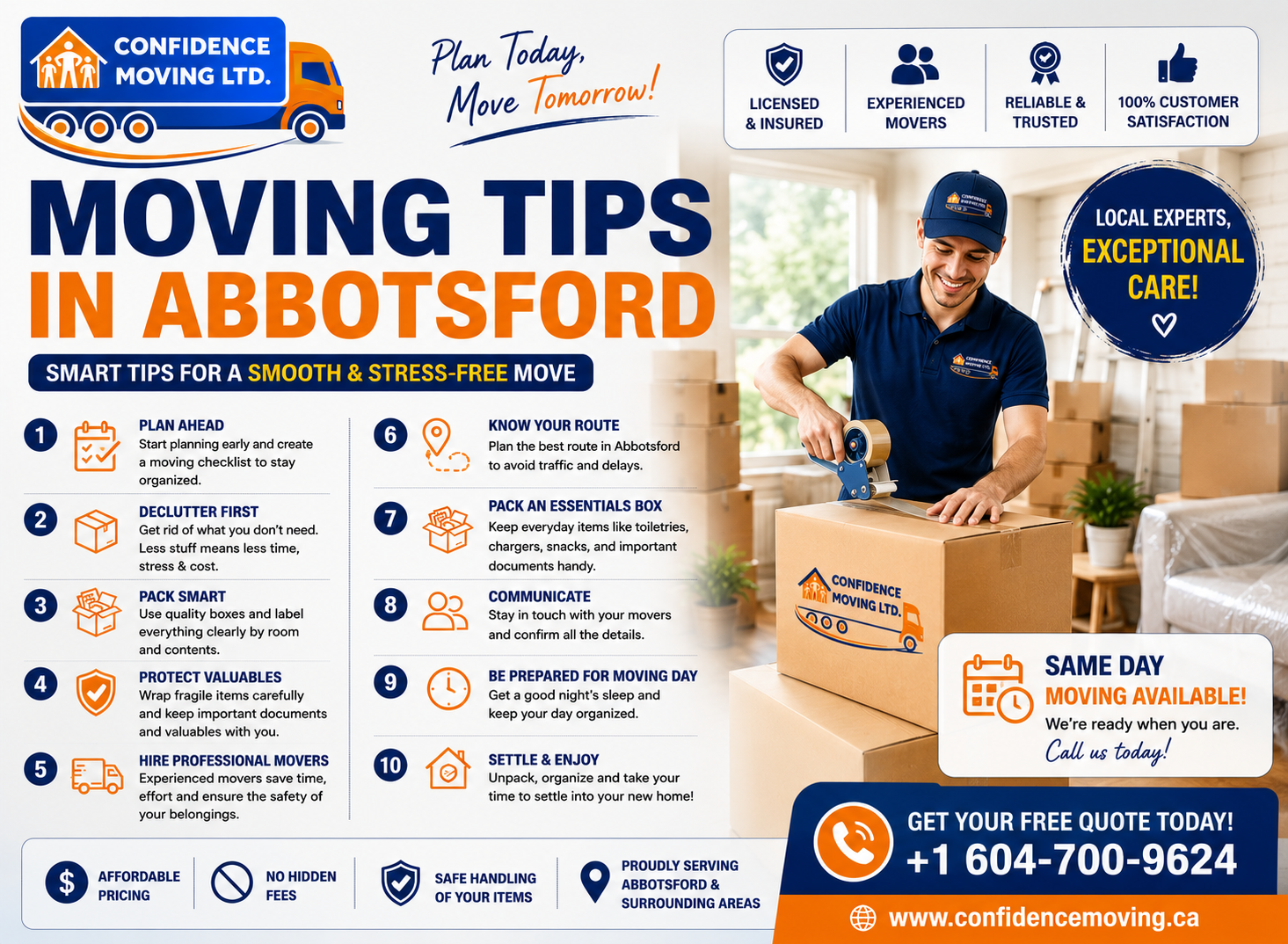 Moving Tips in Abbotsford by Confidence Moving LTD featuring expert packing tips, moving checklist, and professional house moving advice for a stress-free relocation